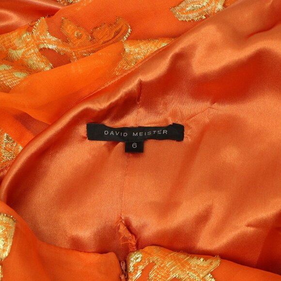 David Meister Silk Metallic Foiled Floral One Shoulder Orange Party Dress 6 - Picture 9 of 9